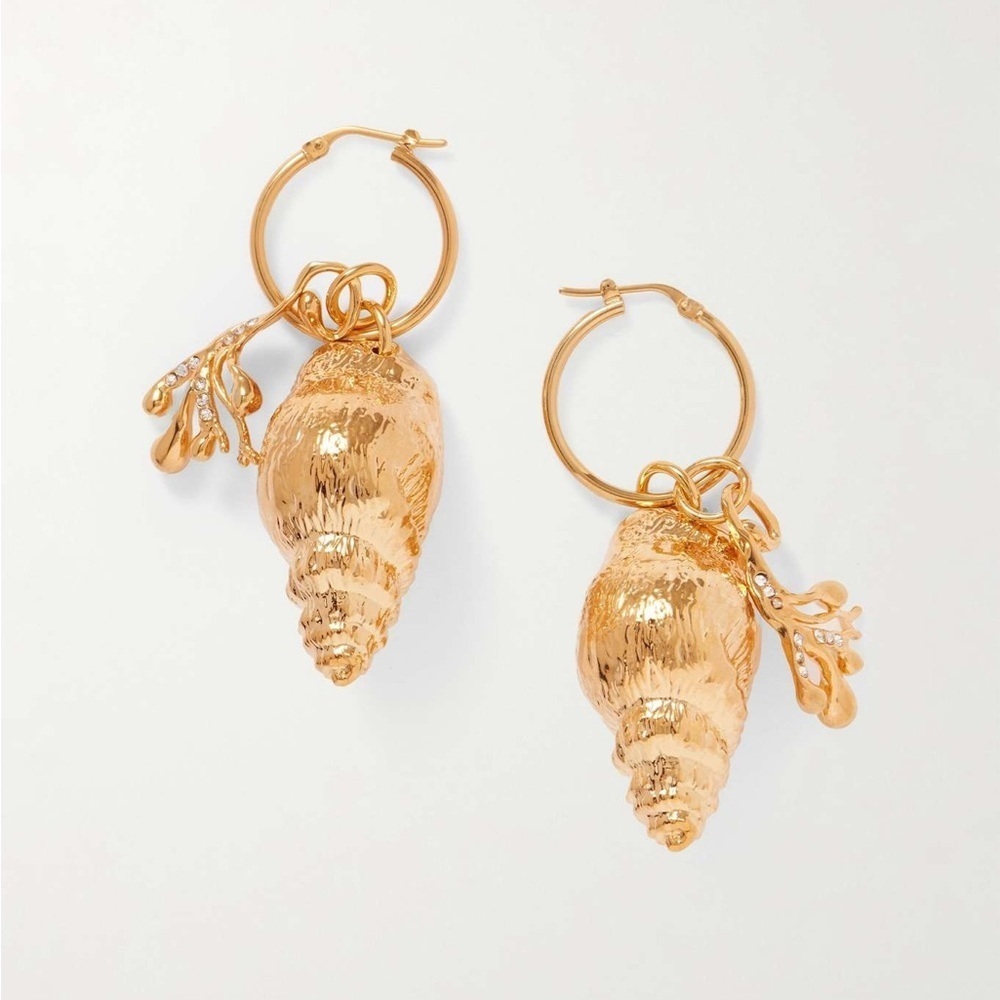 NWT Oscar de la Renta 24K-Gold-Plated & Crystal Shell Hoop Drop Earrings